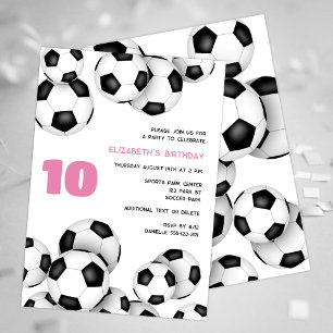 Black white soccer balls kids birthday party invitation