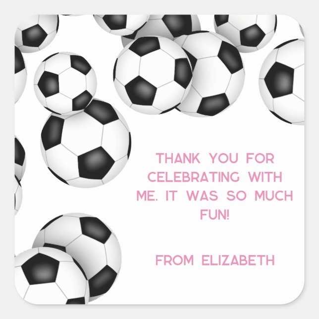 black white soccer balls kids birthday party square sticker (Front)