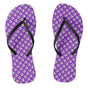 Black White Soccer Futbol Balls on Purple Thongs