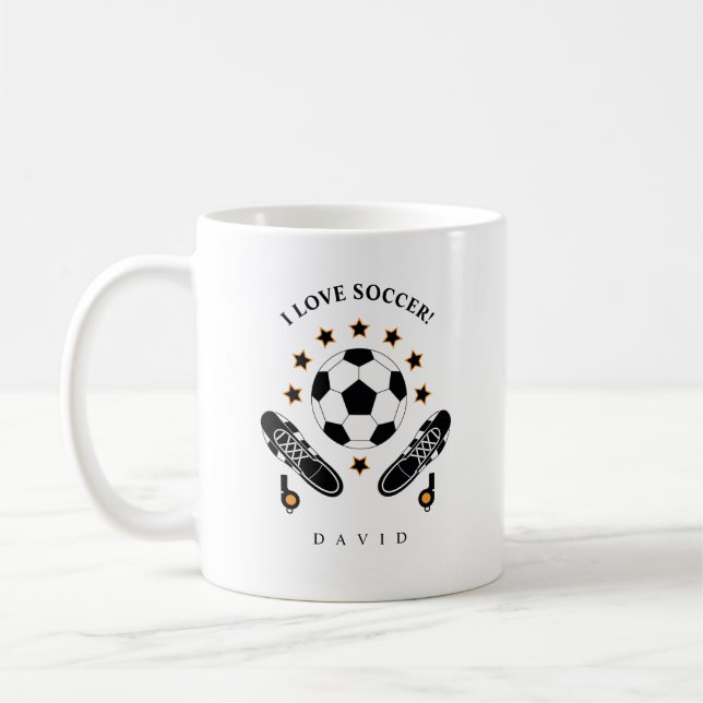 Black & White Soccer Sports Equipment Pattern Coffee Mug (Left)