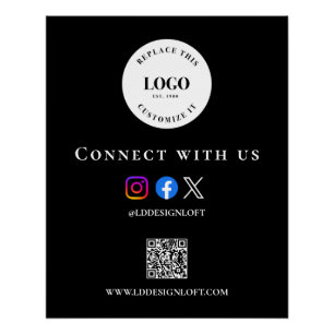 Black White Social QR code website Custom logo Poster
