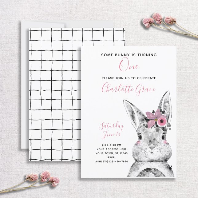 Black & White Some Bunny is Turning One Birthday Invitation (Creator Uploaded)