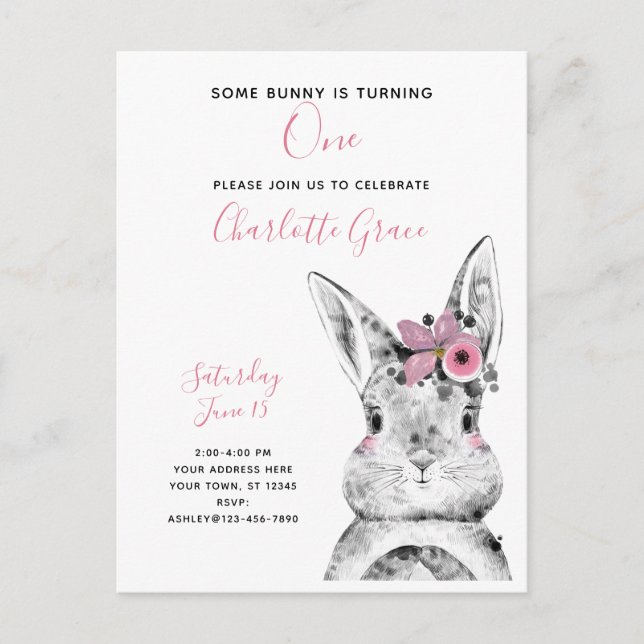 Black & White Some Bunny is Turning One Birthday Invitation Postcard (Front)