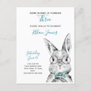 Black & White Some Bunny is Turning Three Birthday Invitation Postcard