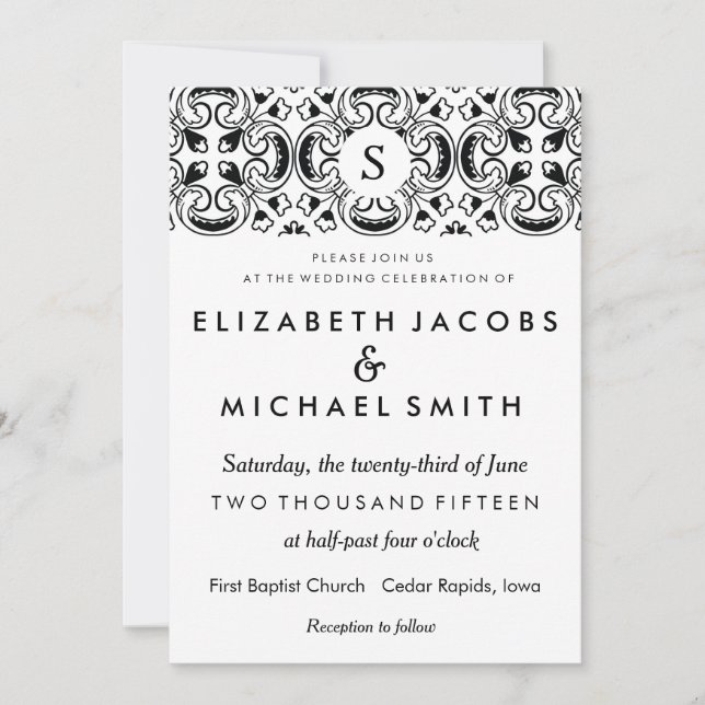 Black & White Spanish Tile Wedding Invitation (Front)