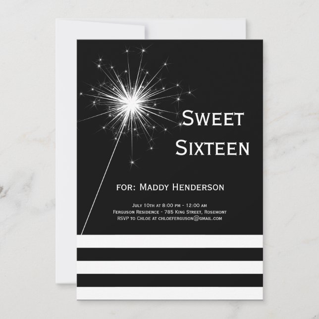 Black & White Sparkler Sweet Sixteen Invitation (Front)