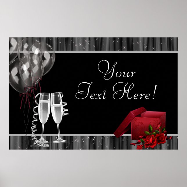 Black White Sparkles Champagne Party Banner Poster (Front)