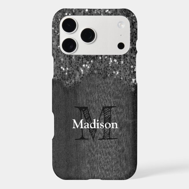 Black white sparkles rustic wood Monogram (Back)