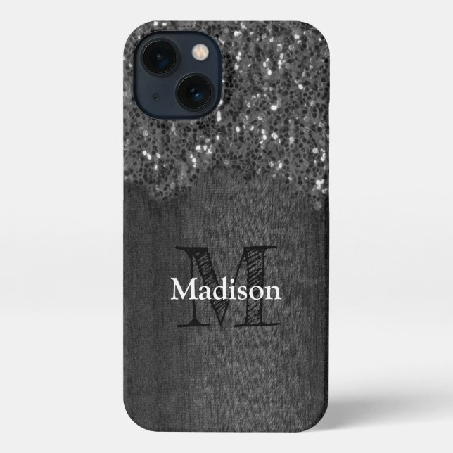 Black white sparkles rustic wood Monogram iPhone Case (Back)