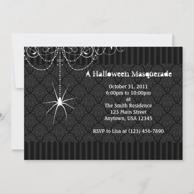 Black & White Spider Damask Halloween Invitations (Front)