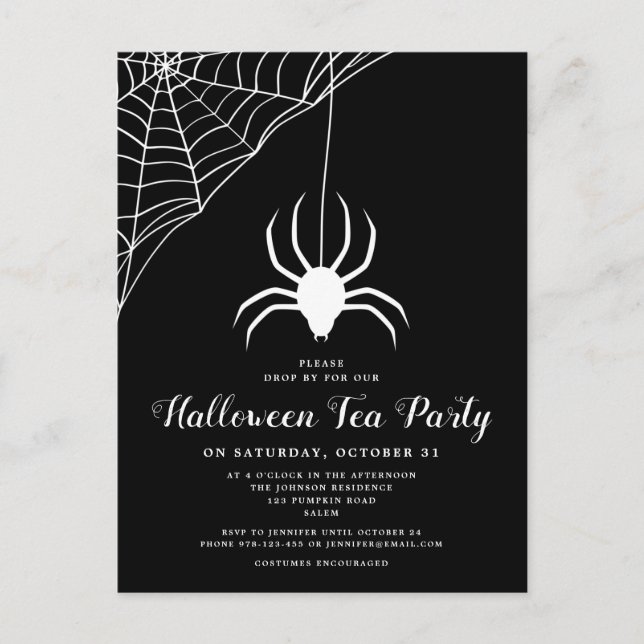 Black White Spider Halloween Tea Party Invitation Postcard (Front)