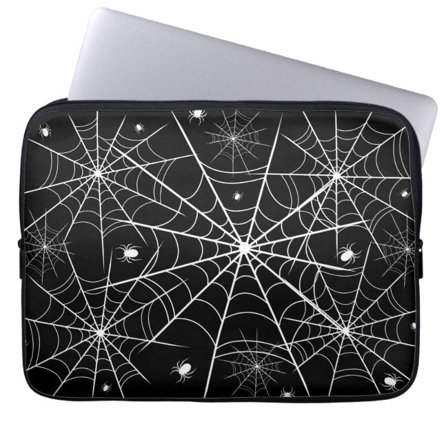 Black White Spider Web Gothic Pattern Spooky Laptop Sleeve (Front)