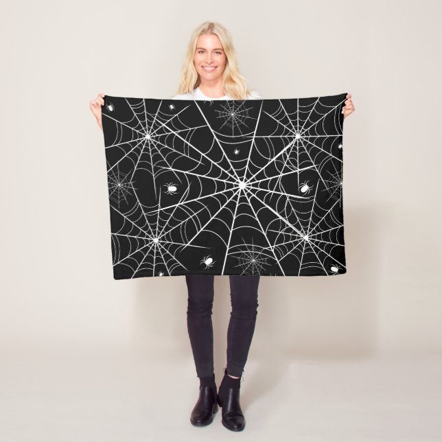 Black White Spider Web Pattern Gothic Spooky Fleece Blanket (In Situ)