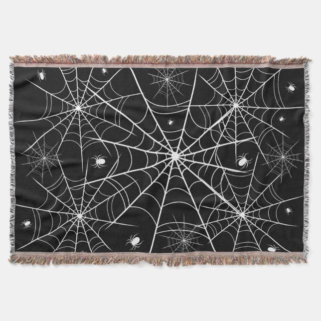 Black White Spider Web Pattern Gothic Spooky Throw Blanket (Front)