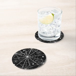 Black White Spider Web Pattern Spooky Gothic Round Paper Coaster