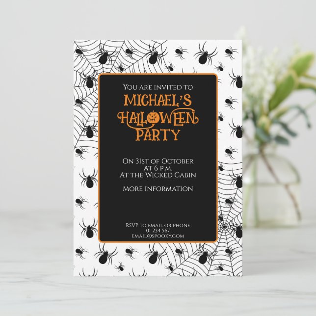 Black White spiders spiderweb Halloween party Invitation (Standing Front)