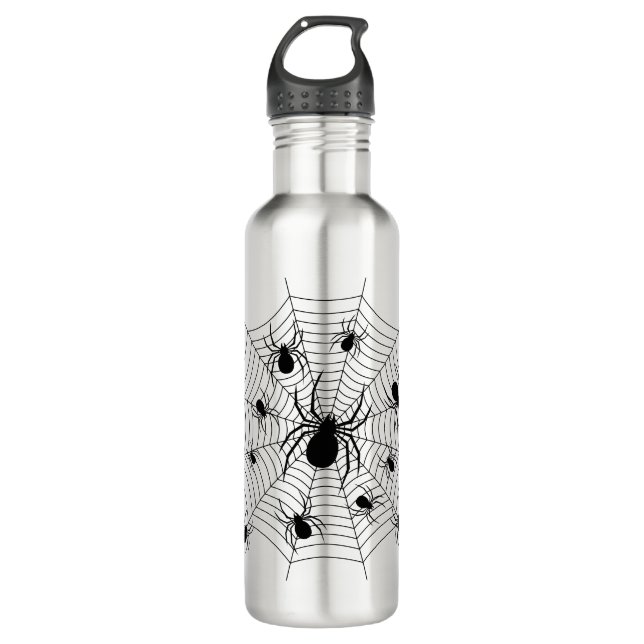 Black White spiders spiderweb Halloween pattern 710 Ml Water Bottle (Front)