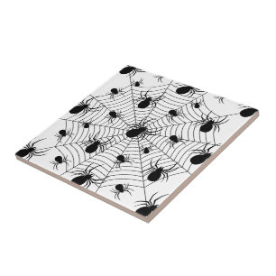 Black White spiders spiderweb Halloween pattern Ceramic Tile
