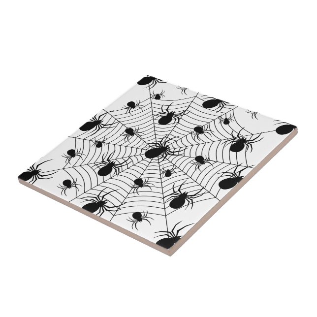 Black White spiders spiderweb Halloween pattern Ceramic Tile (Side)