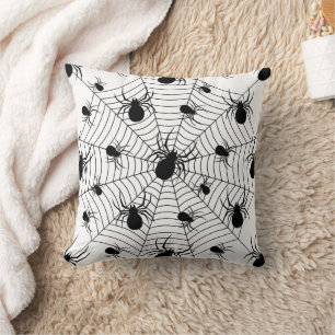 Black White spiders spiderweb Halloween pattern Cushion