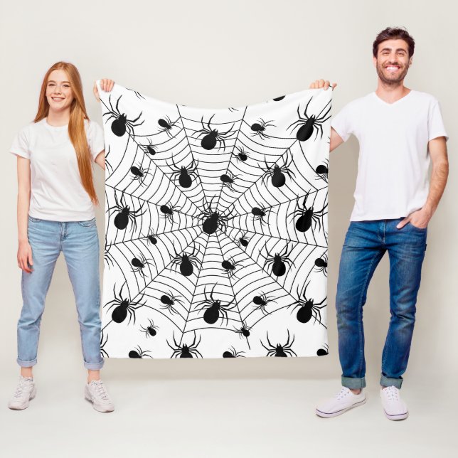 Black White spiders spiderweb Halloween pattern Fleece Blanket (In Situ)