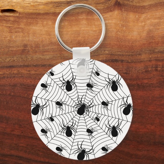 Black White spiders spiderweb Halloween pattern Key Ring (Front)