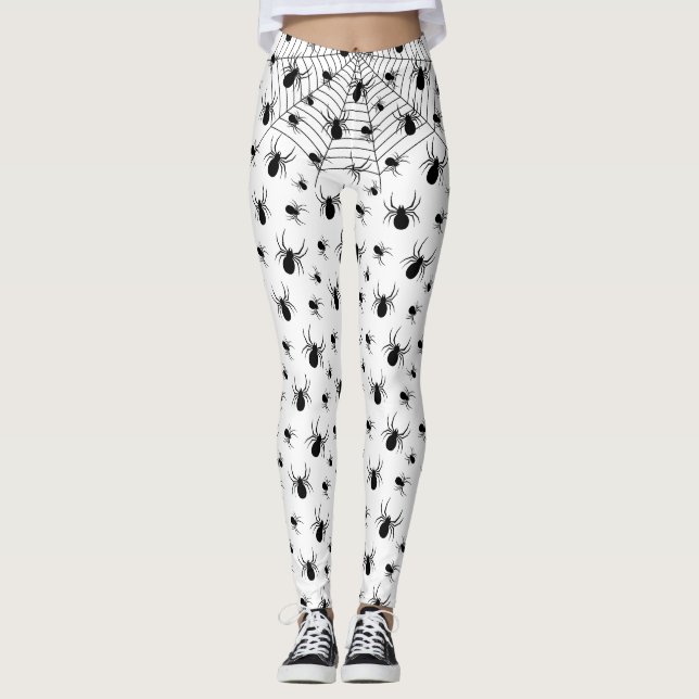Black White spiders spiderweb Halloween pattern Leggings (Front)