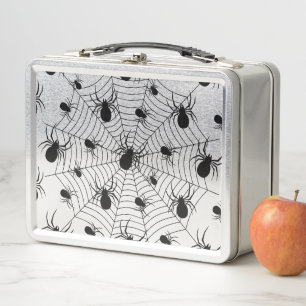 Black White spiders spiderweb Halloween pattern Metal Lunch Box
