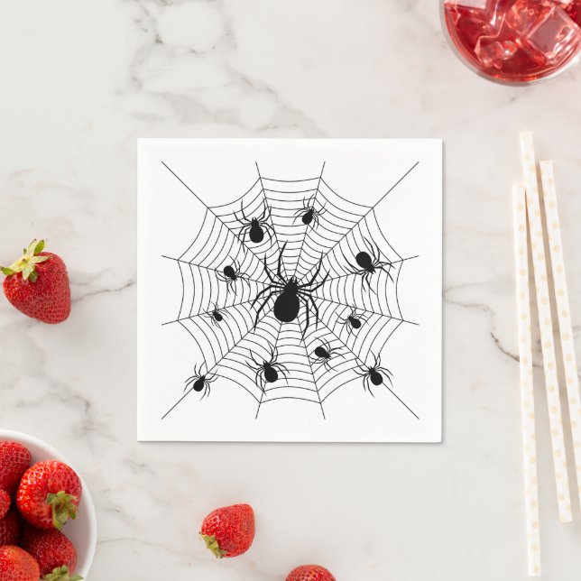 Black White spiders spiderweb Halloween pattern Napkin (Insitu)