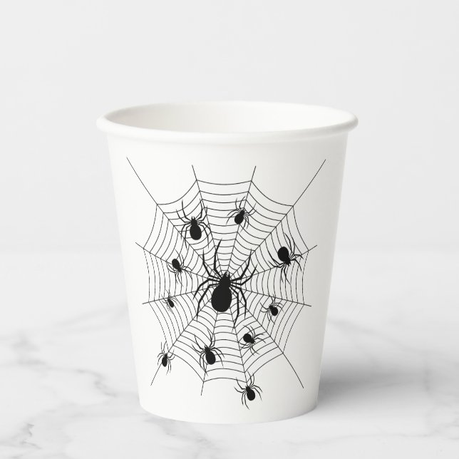 Black White spiders spiderweb Halloween pattern Paper Cups (Front)