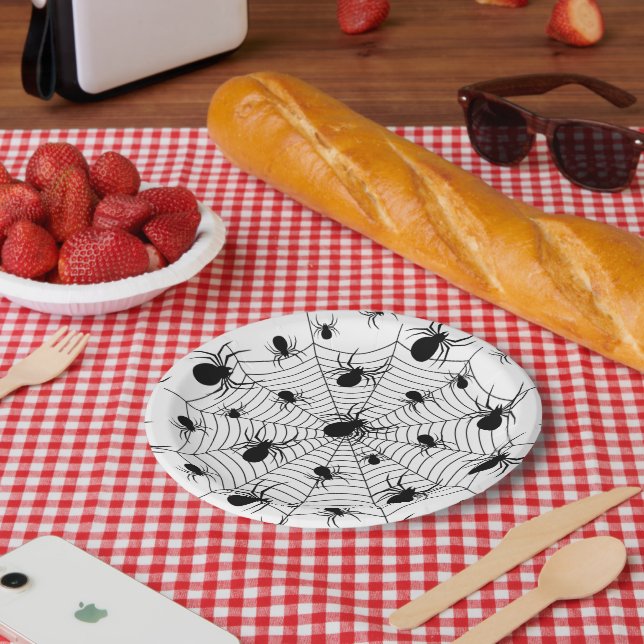Black White spiders spiderweb Halloween pattern Paper Plate (Picnic)