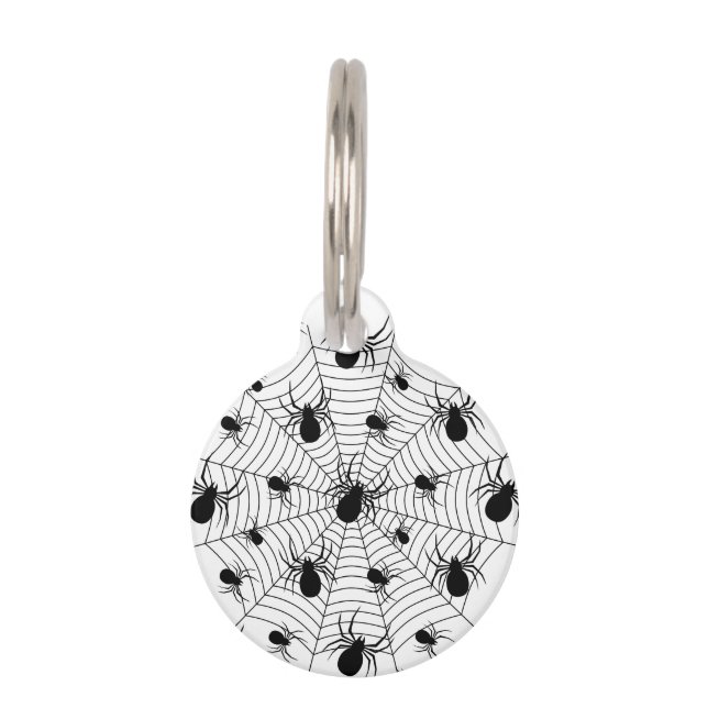 Black White spiders spiderweb Halloween pattern Pet Tag (Front)