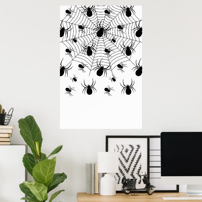 Black White spiders spiderweb Halloween pattern Poster (Home Office)
