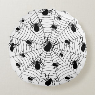 Black White spiders spiderweb Halloween pattern Round Cushion