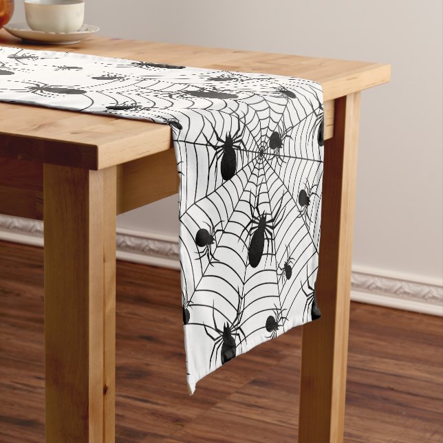 Black White spiders spiderweb Halloween pattern Short Table Runner (In Situ)