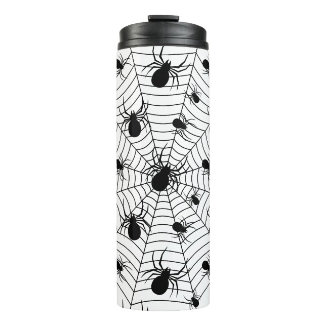 Black White spiders spiderweb Halloween pattern Thermal Tumbler (Front)