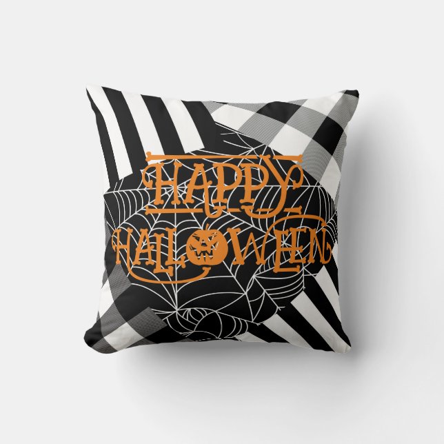 Black & White Spiderweb Patchwork Halloween  Cushion (Front)