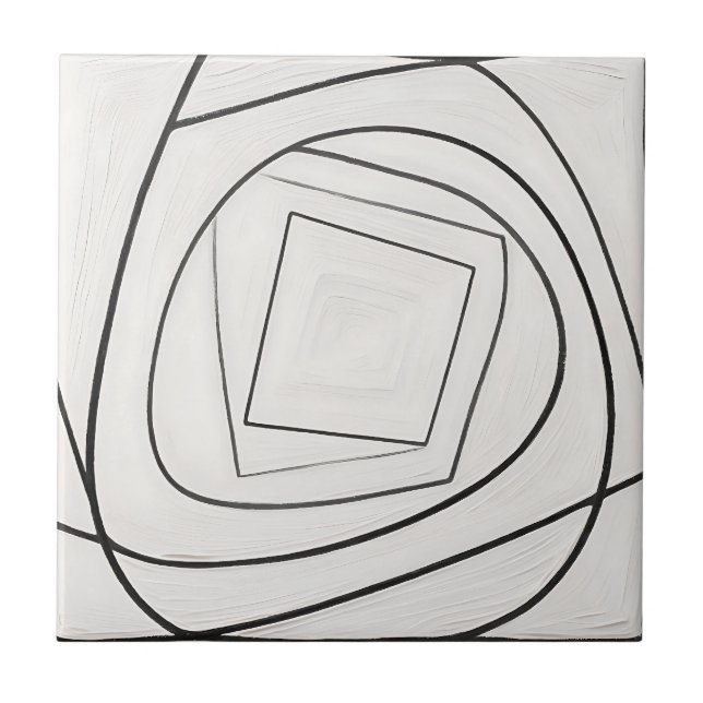 Black White Spiral Square Abstract Ceramic Tile (Front)