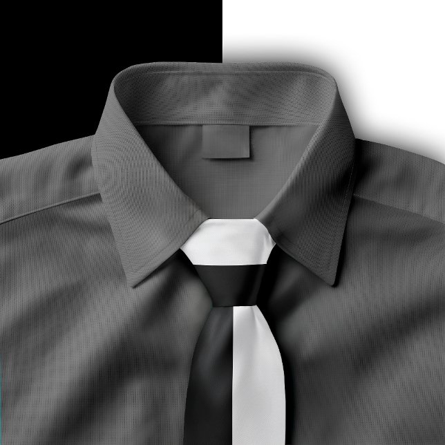 Black & White Split Colour Design Tie (Black and White split color tie displayed on a dark grey shirt.)