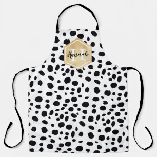 Black White Spots Pattern Gold Monogram Apron