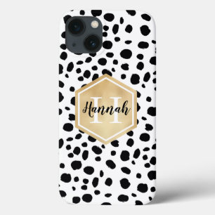 Black White Spots Pattern Gold Monogram iPhone 13 Case