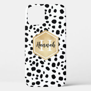 Black White Spots Pattern Gold Monogram iPhone 12 Case