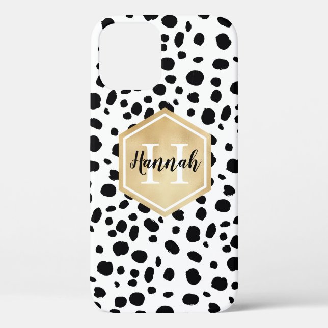 Black White Spots Pattern Gold Monogram Case-Mate iPhone Case (Back)