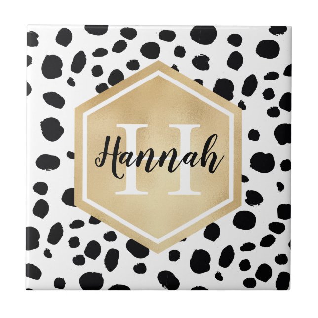 Black White Spots Pattern Gold Monogram Ceramic Tile (Front)