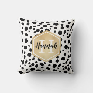 Black White Spots Pattern Gold Monogram Cushion