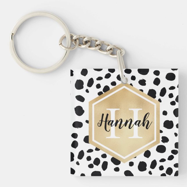 Black White Spots Pattern Gold Monogram Key Ring (Front)