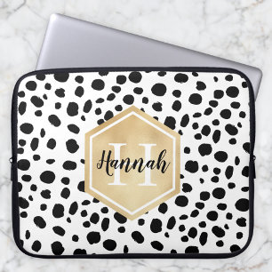 Black White Spots Pattern Gold Monogram Laptop Sleeve