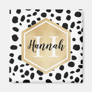 Black White Spots Pattern Gold Monogram Magnet