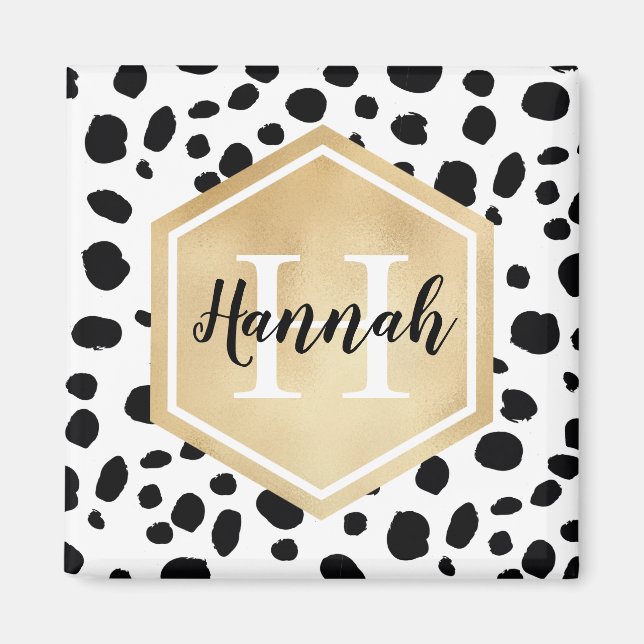 Black White Spots Pattern Gold Monogram Magnet (Front)