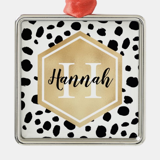 Black White Spots Pattern Gold Monogram Metal Ornament (Front)